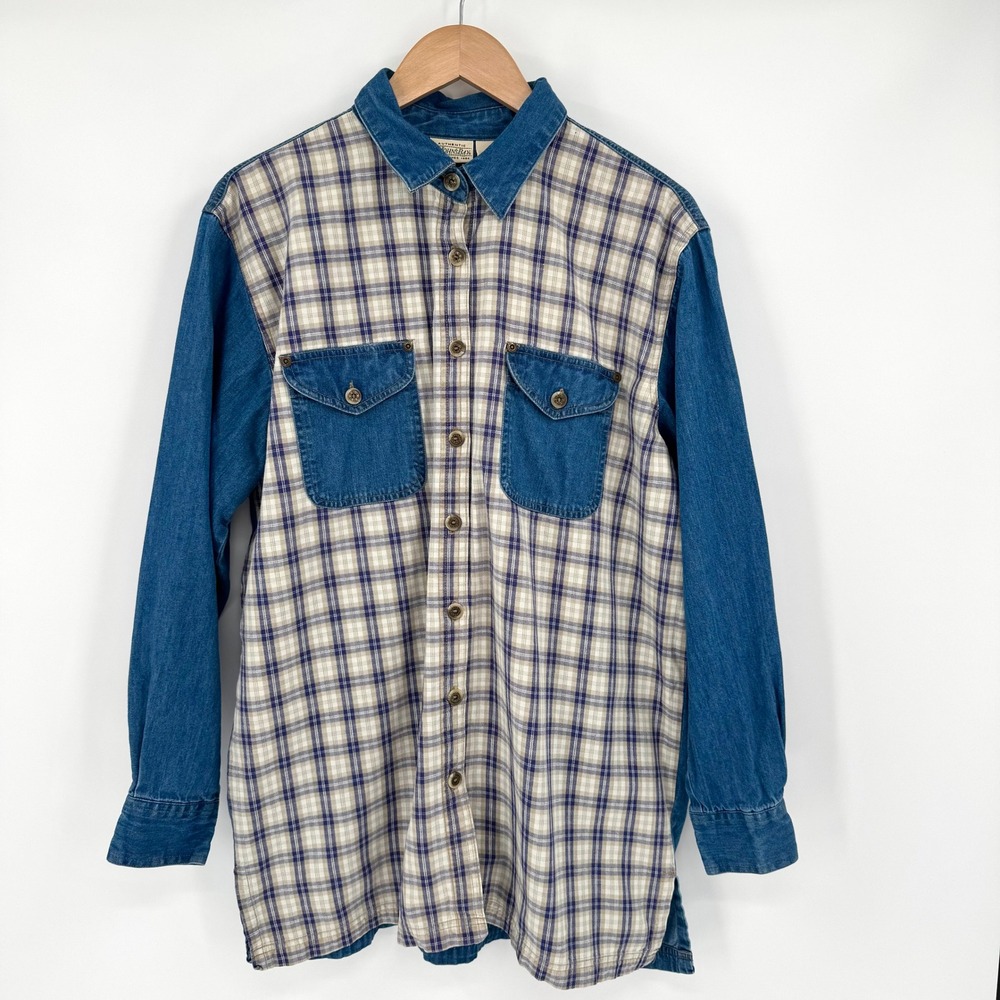 St. Johns Bay Vtg 90s Plaid Denim Mixed Media Button Down Shirt Blue Tan Mens‎ L